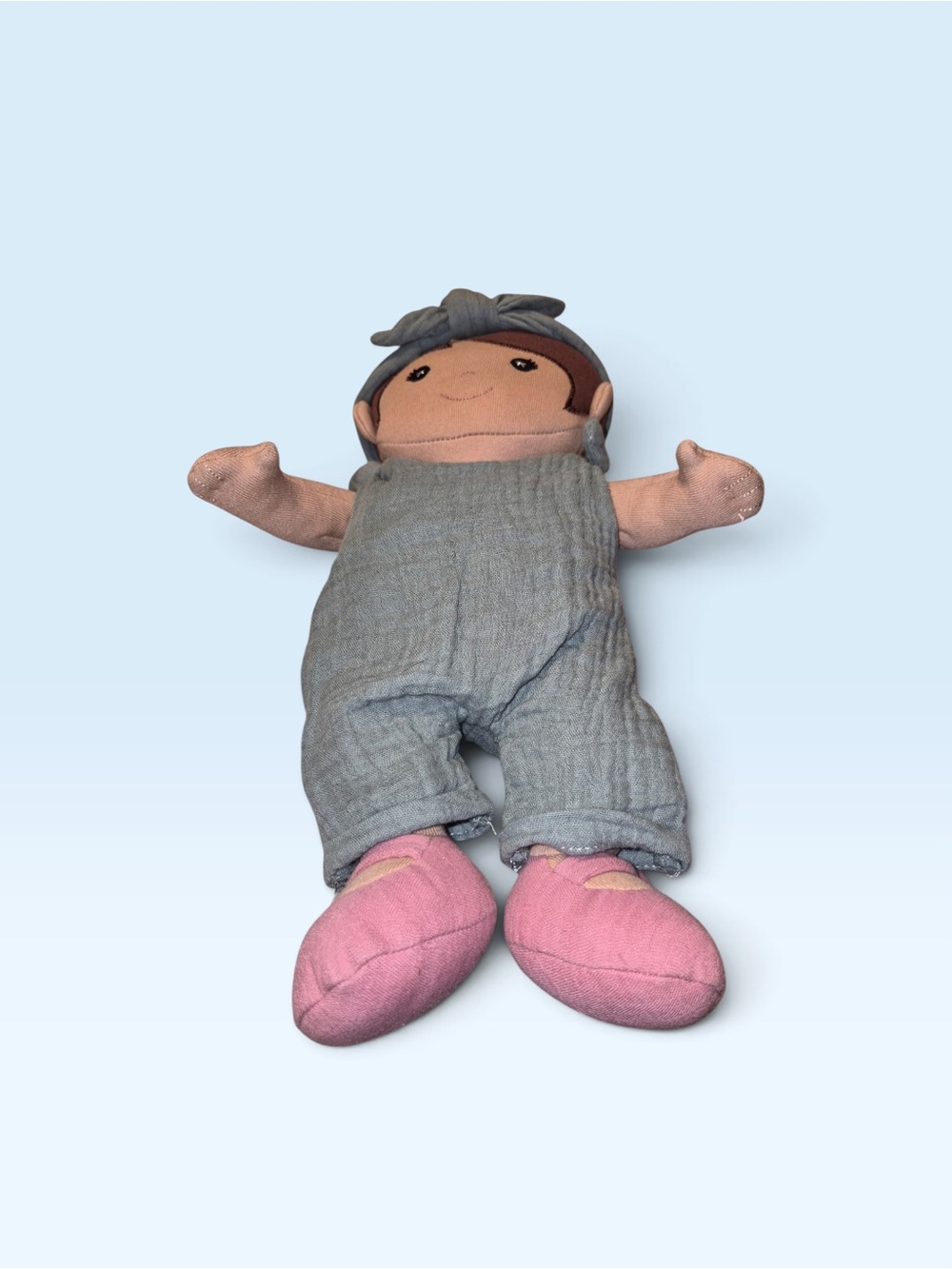 Plush Cloth Doll in Gray Outfit with Pink Shoes